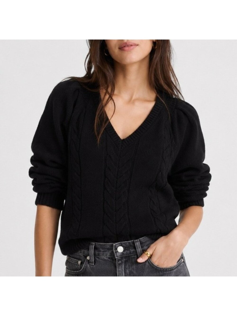 Madewell V Neck Pullover Sweater Merino Wool Cable Knit Trip Black NY444 XS NWT